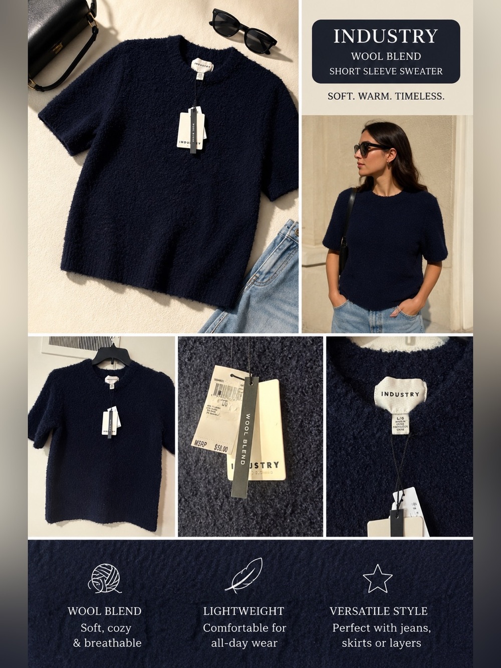 INDUSTRY Navy Textured Short Sleeve Sweater